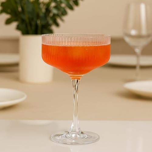 Miniatura 6 de Juego de 4 vasos de copa vintage acanalados de 11 onzas, 100% cristal, copa de Martini única, cristalería de cóctel clásica, juego de vasos de bar