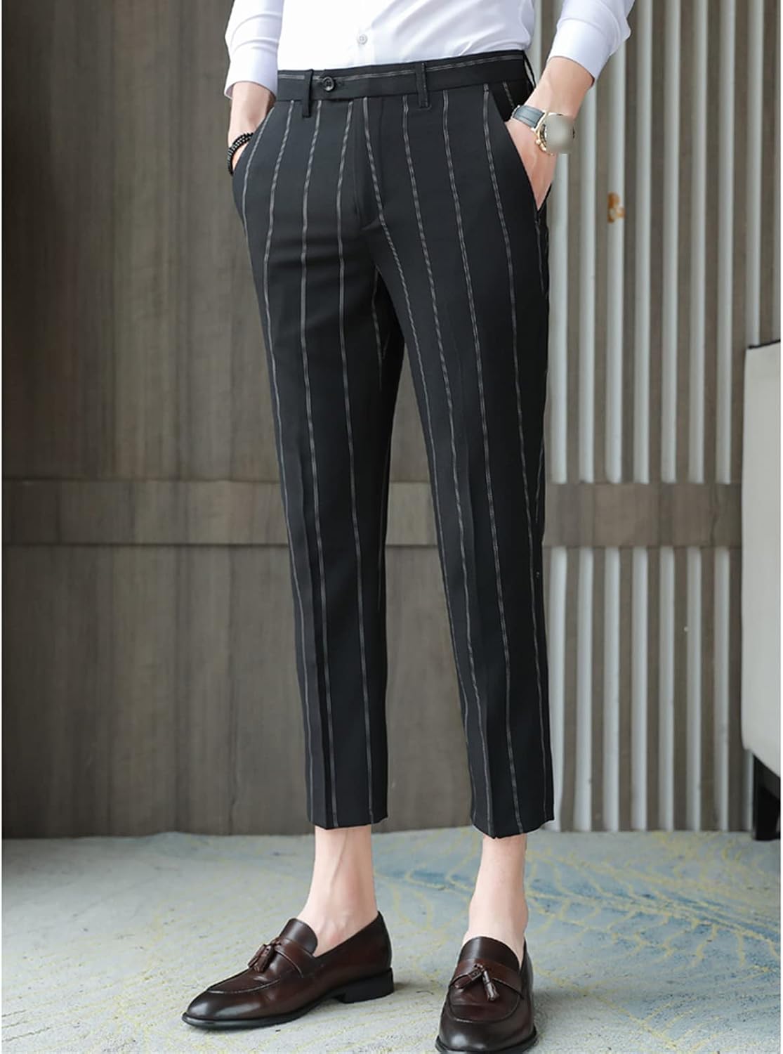 Men's Durable Striped Cropped Trousers Plaid Slim Fit Stretch Ankle-Length Pants Striped Flat Front Trousers