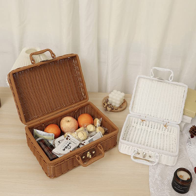 Restokki Geflochtener Aufbewahrungskorb, Panier Osier Weidenkorb mit Deckel Rattankorb für gewebte Picknickbox im Freien (L-Grundfarben)