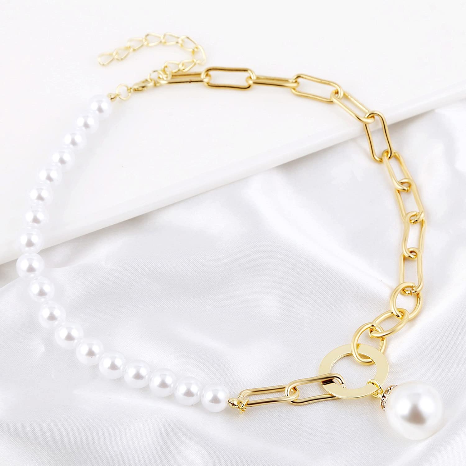 Vintage Chunky Link Chain Pearl Necklace Plated Retro Charm Jewellery