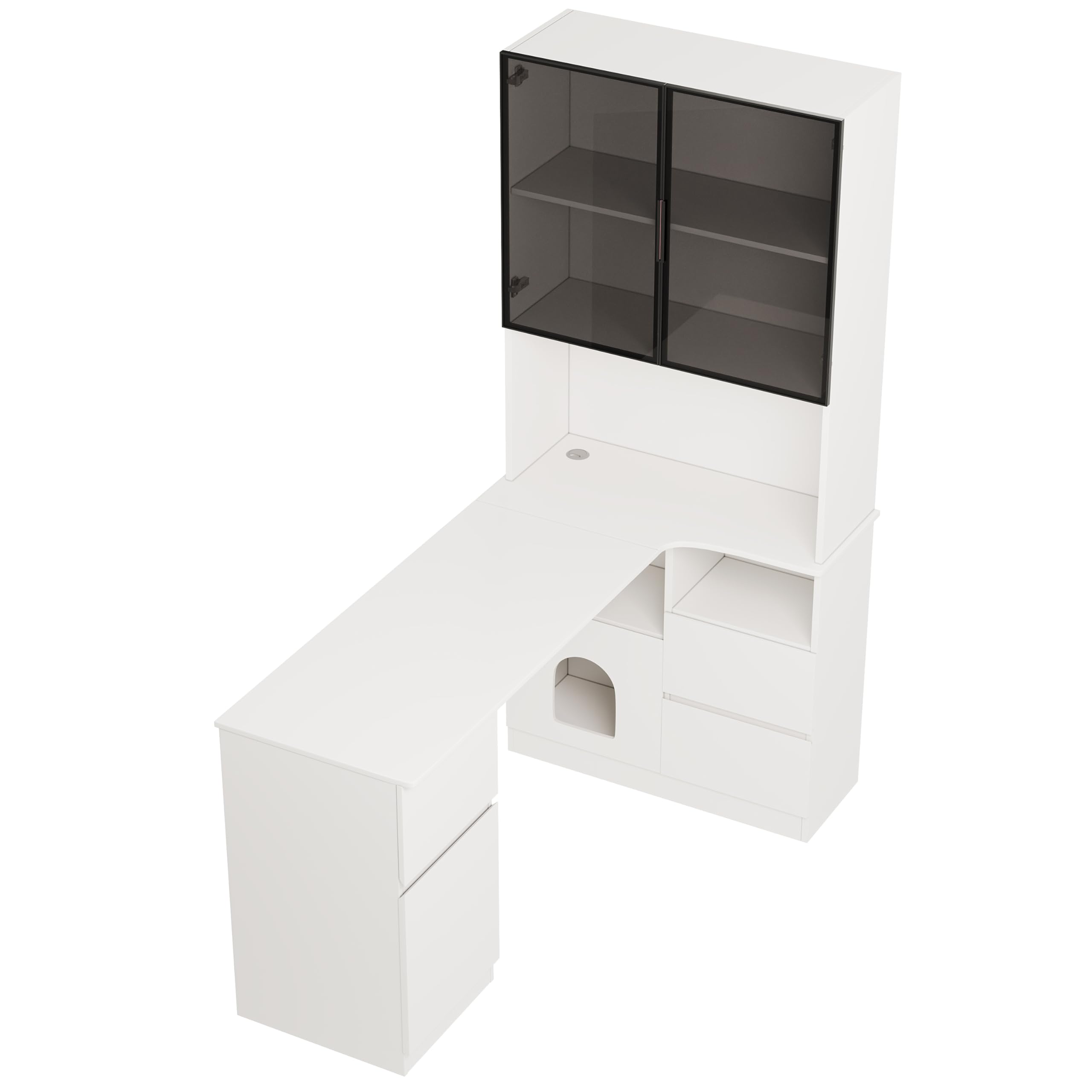 Scrivania angolare con ripiano e vetrina a LED – scrivania con gestione dei cavi, scrivania angolare con libreria integrata (Bianco - Destra, 120×80×180 cm)