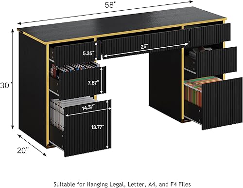 Miniatura 2 de Escritorio ejecutivo de 58 pulgadas con 7 cajones, escritorio negro y dorado con cajones de archivos para dormitorio, escritorio de oficina en casa