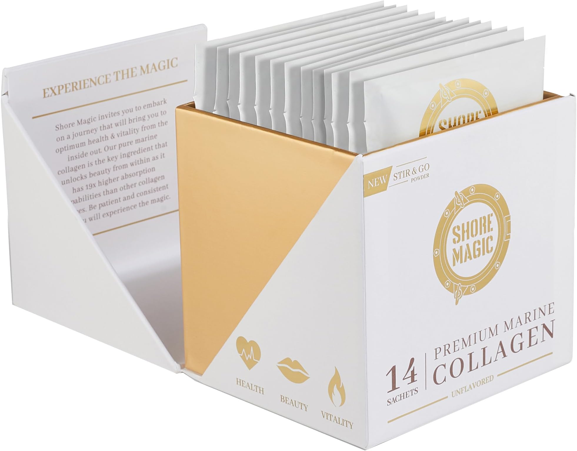 Shore Magic Premium Marine Collagen Powder with Type I II III and IV Hydrolyzed Peptides for Women Men, Sourced from Wild Fish Certified Kosher Unflavored - 14 Stir & Go Sachets (10g Each)