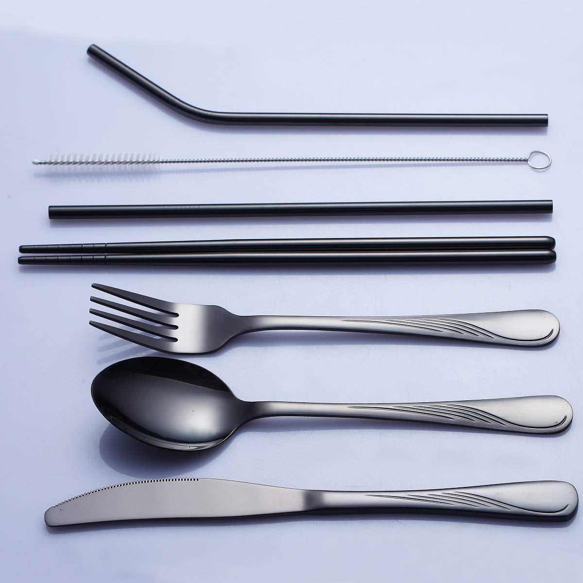 HOMQUEN Portable Utensils,Travel Camping Flatware Set,Stainless Steel Silverware Set,Include Knive/Fork/Spoon/Chopsticks/Straws/Brush/Portable Case(Black-8 Piece)