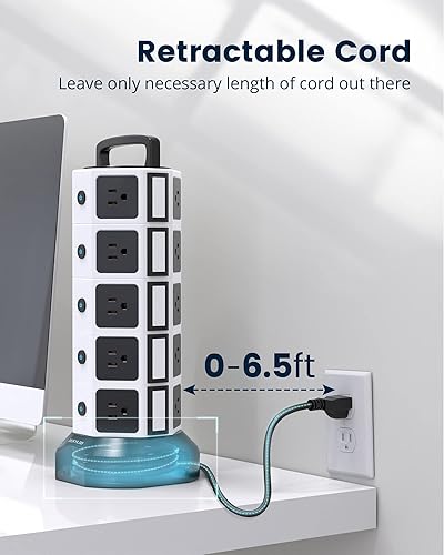Miniatura 3 de JACKYLED - Protector de sobretensiones de torre 1050J, 20 salidas de CA 6 puertos USB, estación de carga eléctrica de escritorio de 3000 W 13 A,