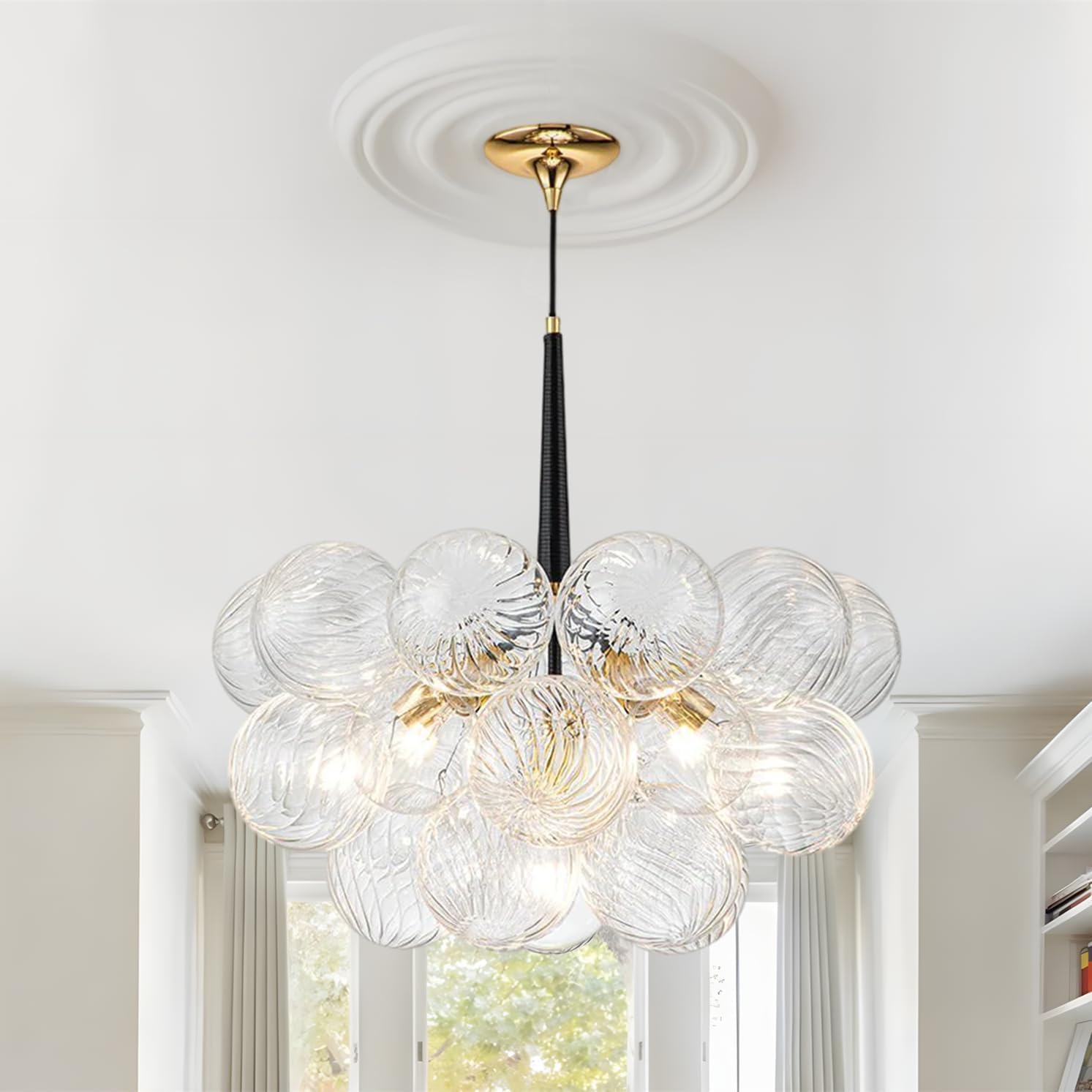 Modern Mid-Century Glass Chandelier Bubble Ball Shape 6 Lights Clear Globe Pendant Light Swirled Glass Globes Chandelier for Living Room Dining Room - Black
