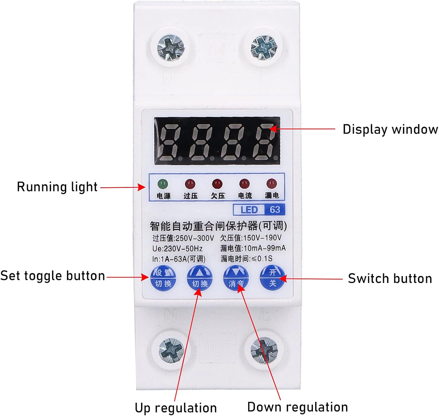 Diagram of the protector's display and buttons with labels