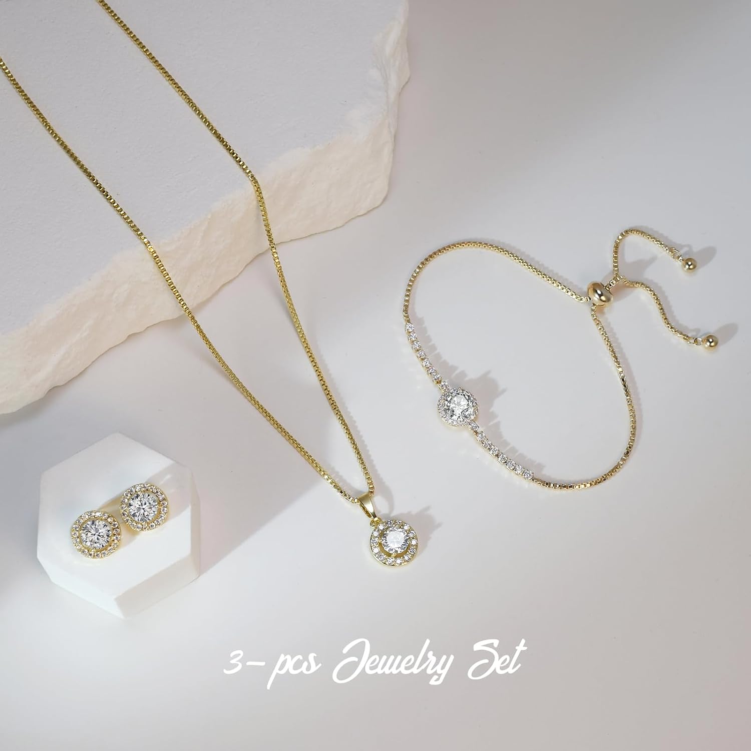 UDYLGOON Bridesmaid Bride Wedding Jewelry Set - Round Cubic Zirconia Earrings Necklace Bracelet Set,Hypoallergenic Prom Party Jewelry Gift for Her - Image 2