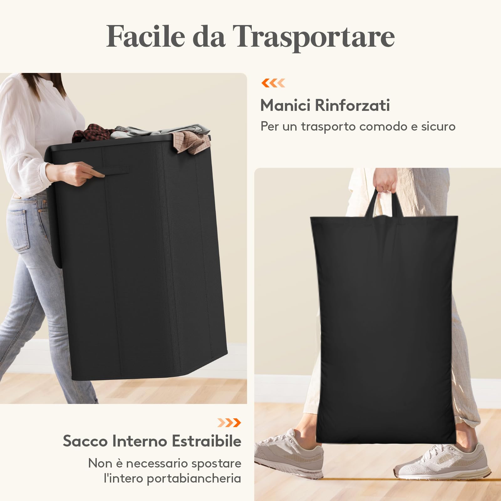Lifewit Cesto Portabiancheria con Coperchio, Grande Portabiancheria Pieghevole a 3 Scomparti con Sacchi Rimovibili, Laundry Basket per Camera da Letto, Bagno e Lavanderia, 185L, Nero