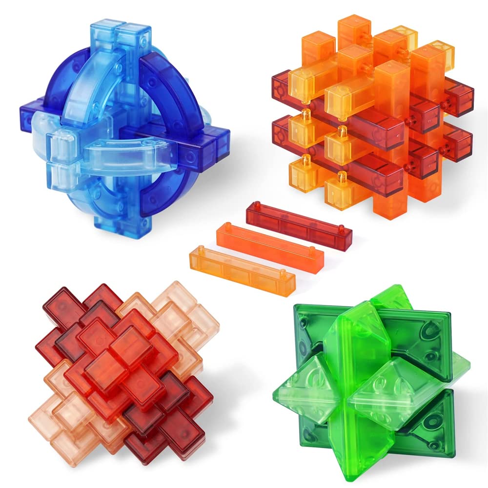 Brain Teaser Puzzles for Kids and Adults, Educational Toys, 4pcs 3D Puzzle Set Unlock Interlock IQ Mind Test, Thinking, Patience Games