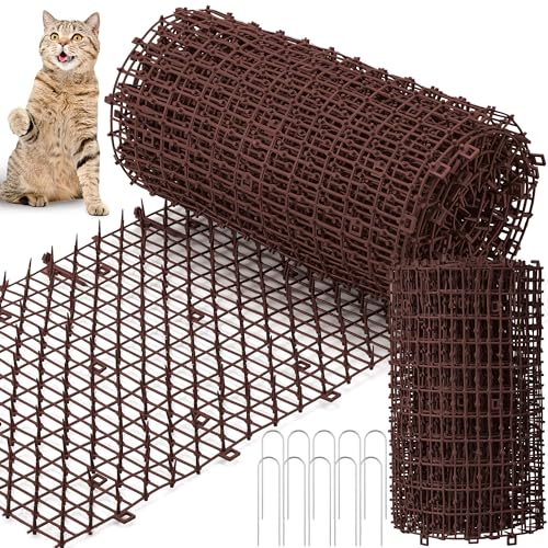 Sanwuta 2 Pcs 26.3 ft Cat Spike Mat Outdoor Cat Deterrent Mat with Spikes Prickle Strips Indoor Dog Digging Deterrent Anti Network Spikes with 10 Staples for Garden Fence(Brown)
