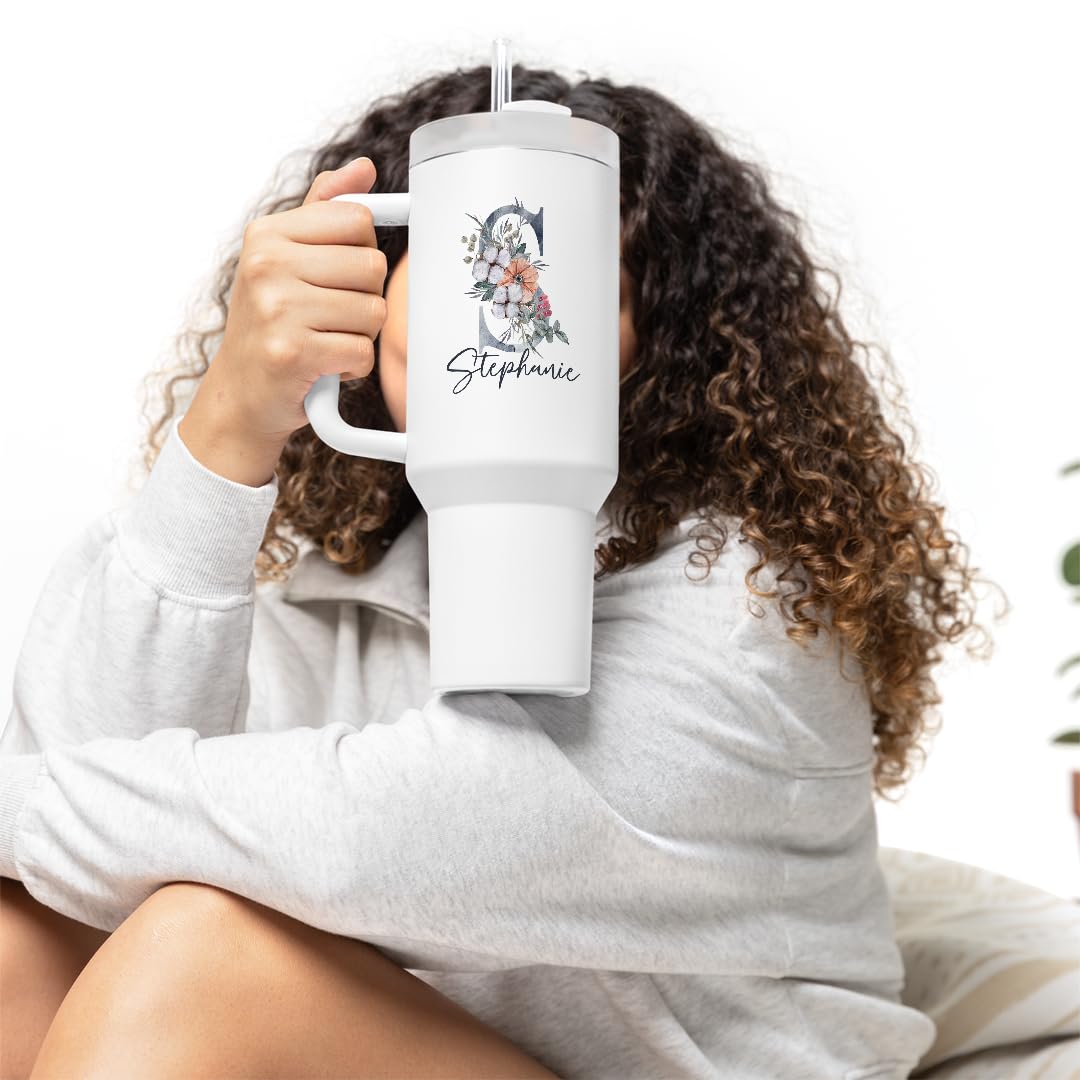 Personalisierter Thermobecher mit Blumen-Name | 1,2 Liter Fassungsvermögen | inkl. Deckel und Trinkhalm | hochwertig | To Go Becher mit Henkel im Blumendesign (40oz) | Geschenkidee | Isolierbecher