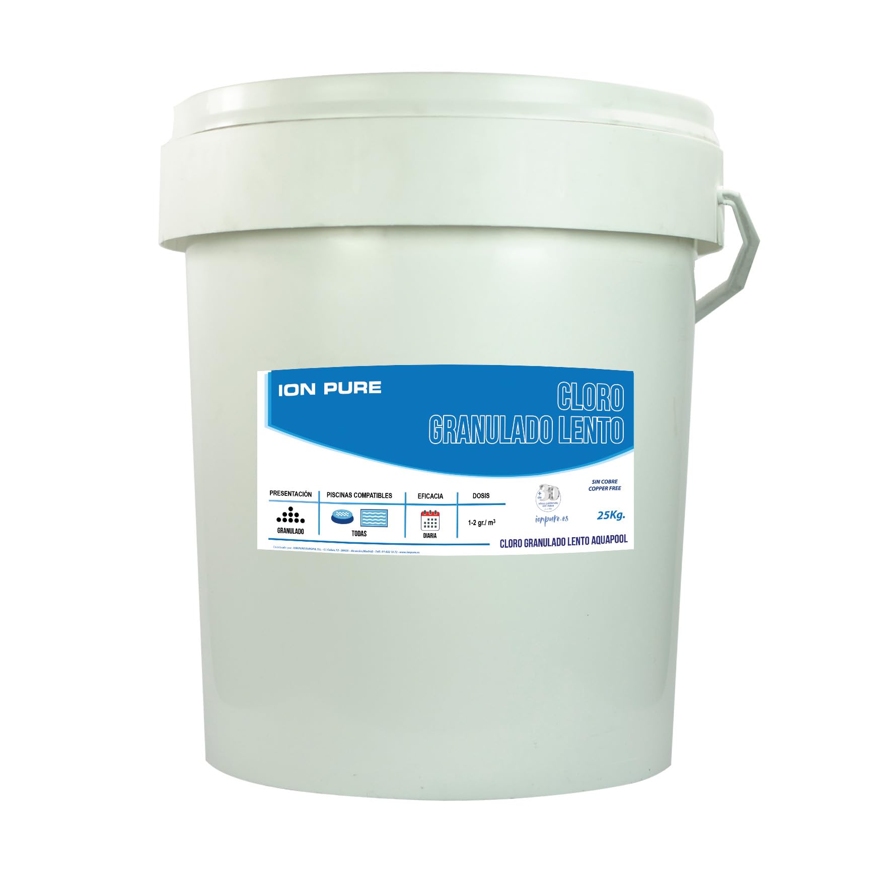 Cloro Granulado 25 kg para Piscinas, Tricloro 90% de Cloro Útil, Disolución Lenta, Desinfección y Mantenimiento de Agua Cristalina
