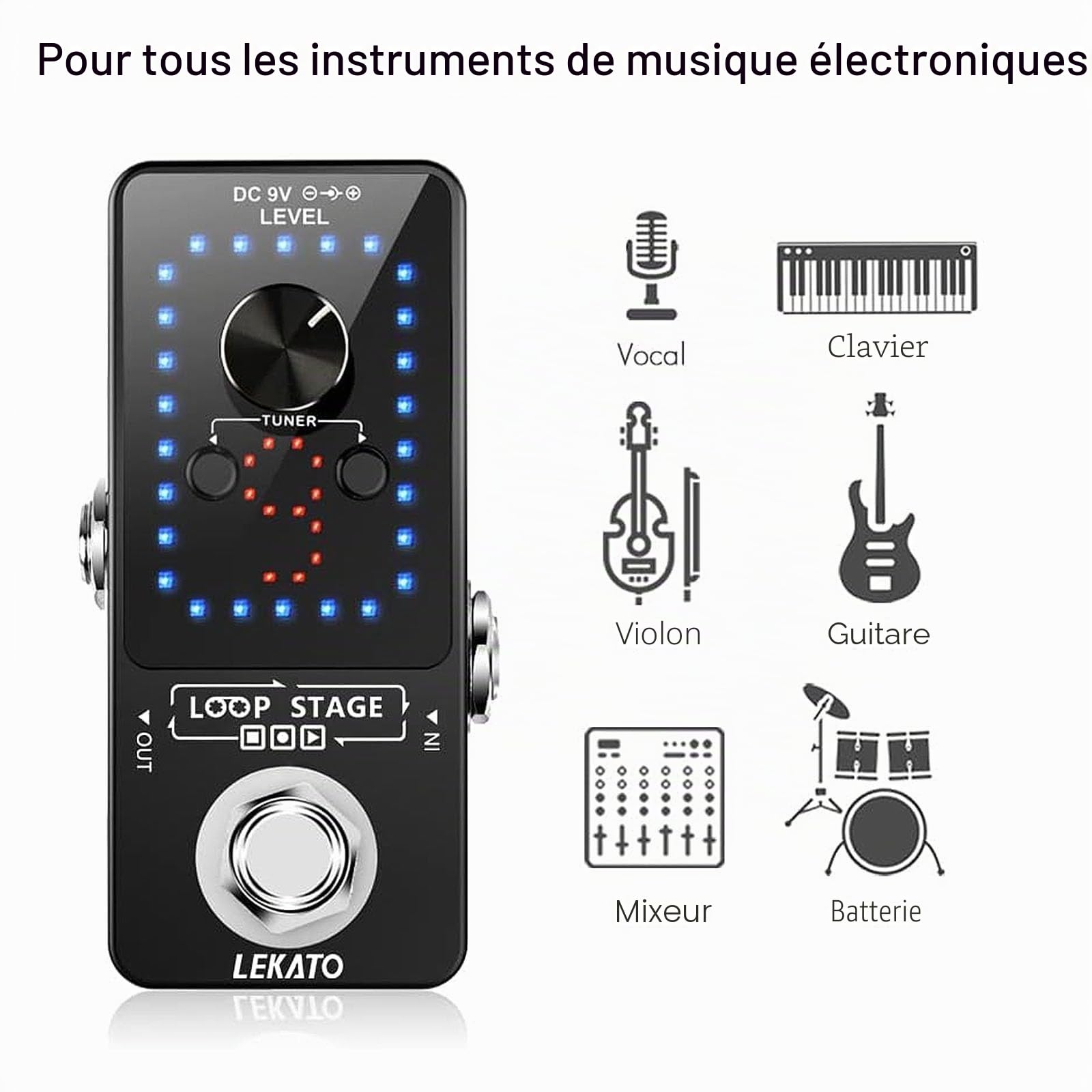 Looper Guitar Pedal avec alimentation, LEKATO 9 boucles 40 minutes d'enregistrement Temps Accordeur intégré Overdub illimité Pédale d'effet looper électronique pour guitare basse électrique