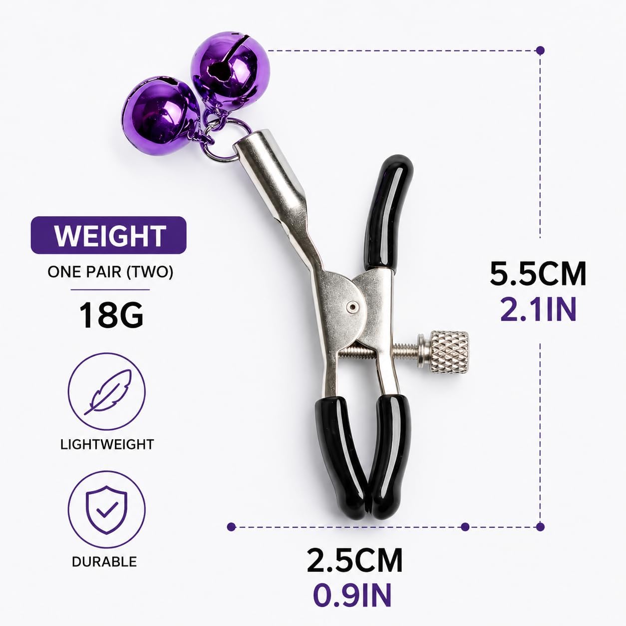 1 Pair Adjustable Nipple Clamps with Bells, Premium Metal Sensory Clamps with Protective Rubber Tips, Kinky BDSM Bondage Gear for Couples Flirting Games, Purple Bells