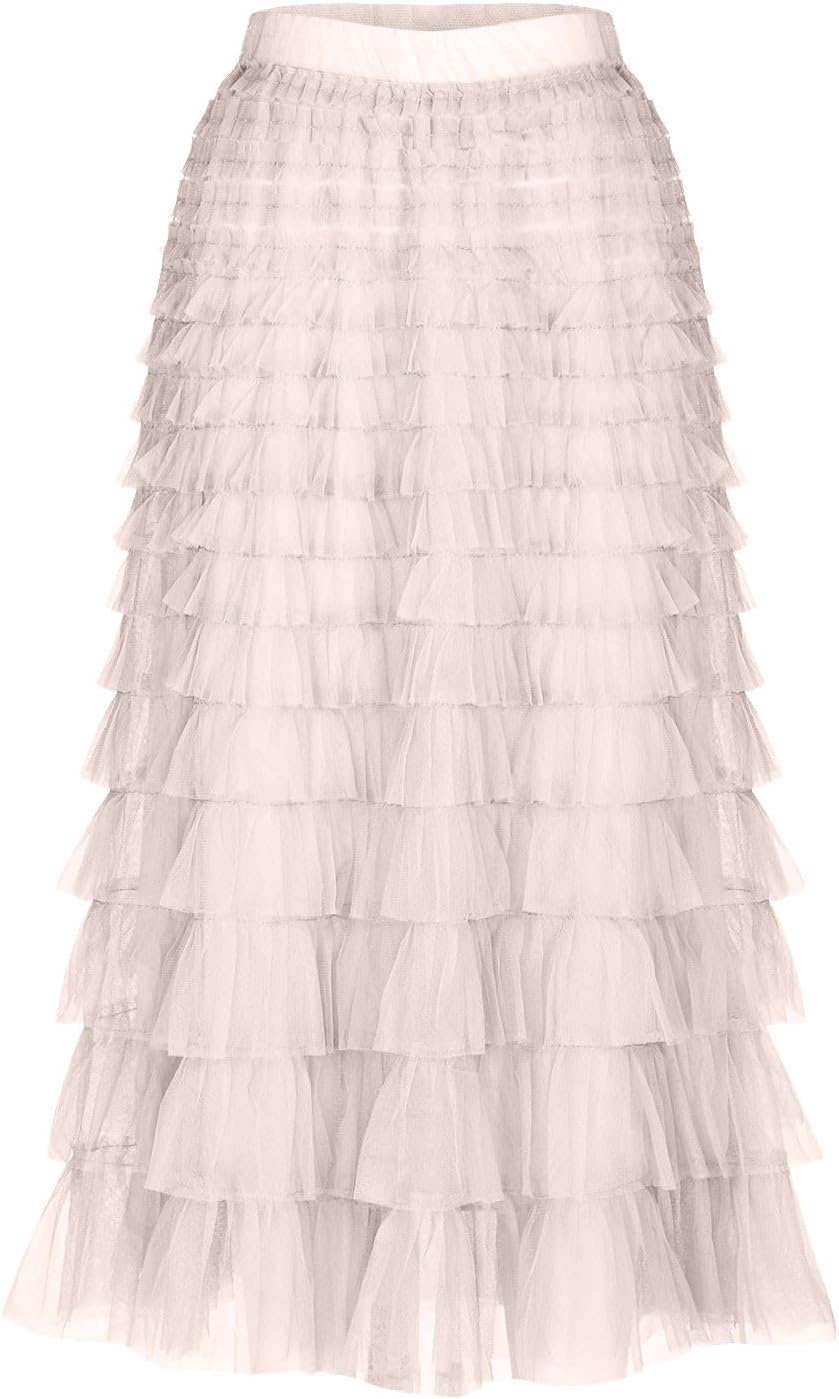 Women's Long Midi Tulle Skirts Dressy Casual A Line Ruffle High Waisted Tiered Layered Mesh Tutu Skirt Petticoat