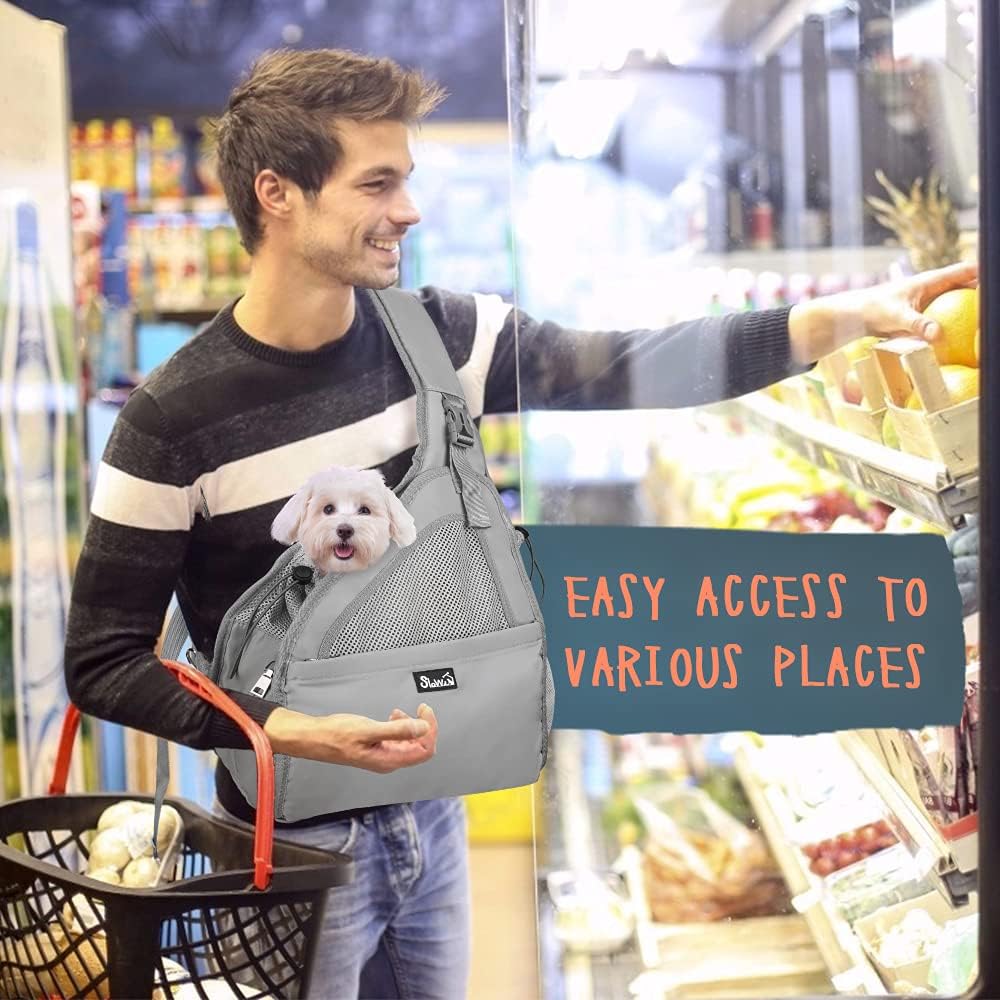 SlowTon Pet Dog Sling Carrier, Hands Free Hard Bottom Papoose Small Animal Puppy Up to 6 lbs Travel Bag Tote Breathable Mesh Support Adjustable Padded Strap Pocket Safety Belt Machine Washable