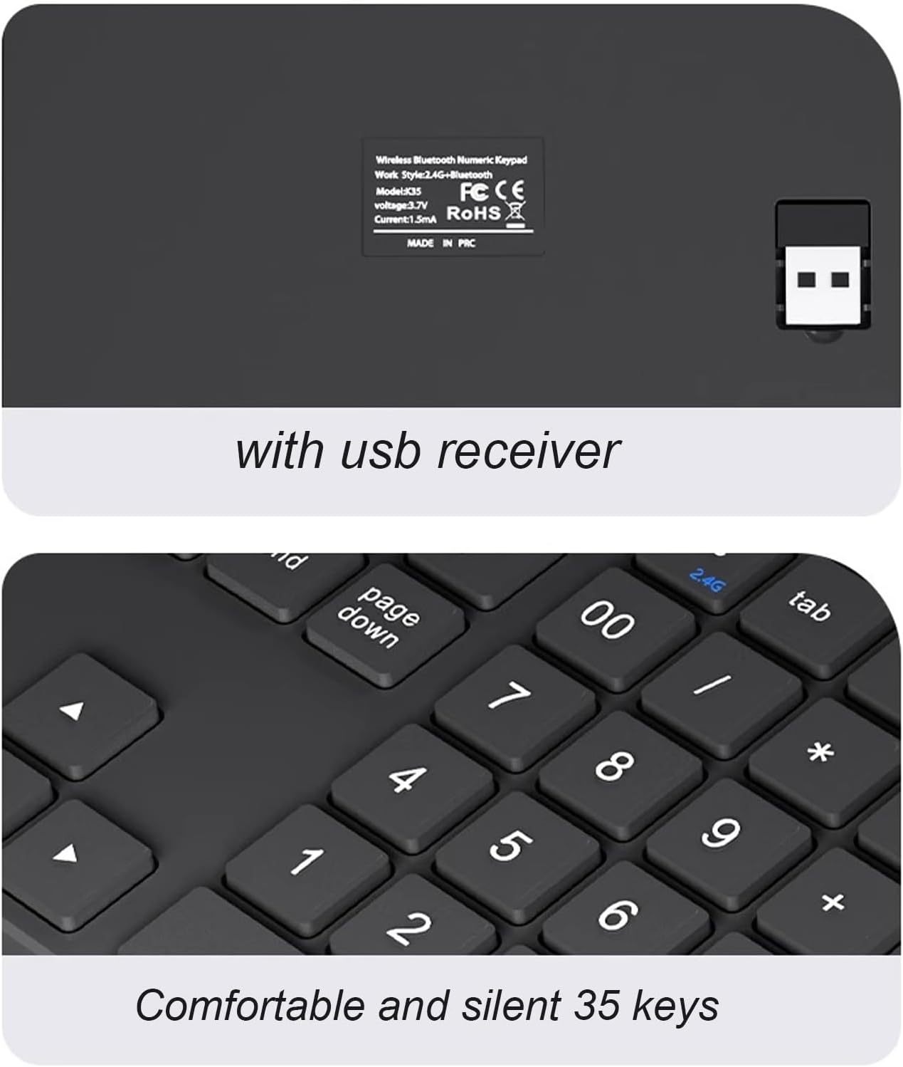 Gugxiom Bluetooth Number Pad, 2.4G Numeric Keypad Numpad, 35 Keys, Rechargeable Financial Accounting Numeric Pad for Laptop Desktop PC (Black)