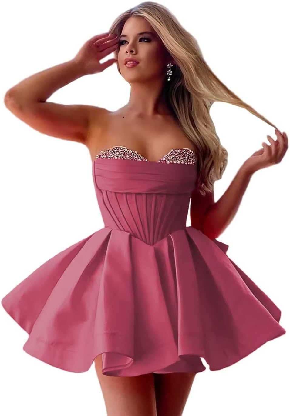 XYAYE Puffy Homecoming Dresses Short Sparkly Satin DAMA Dresses for Quinceanera Strapless Beaded Cocktail Dress