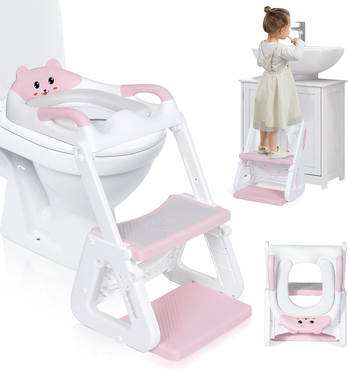 Orzbow Potty Training Seat, 2-IN-1 Toddler Potty Training Toilet with Step Stool, Stability Toilet Seat for Boys Girls with Splash Guard and Anti-Slip Pad, Adjustable Ladder & Potty Seat Height, Pink