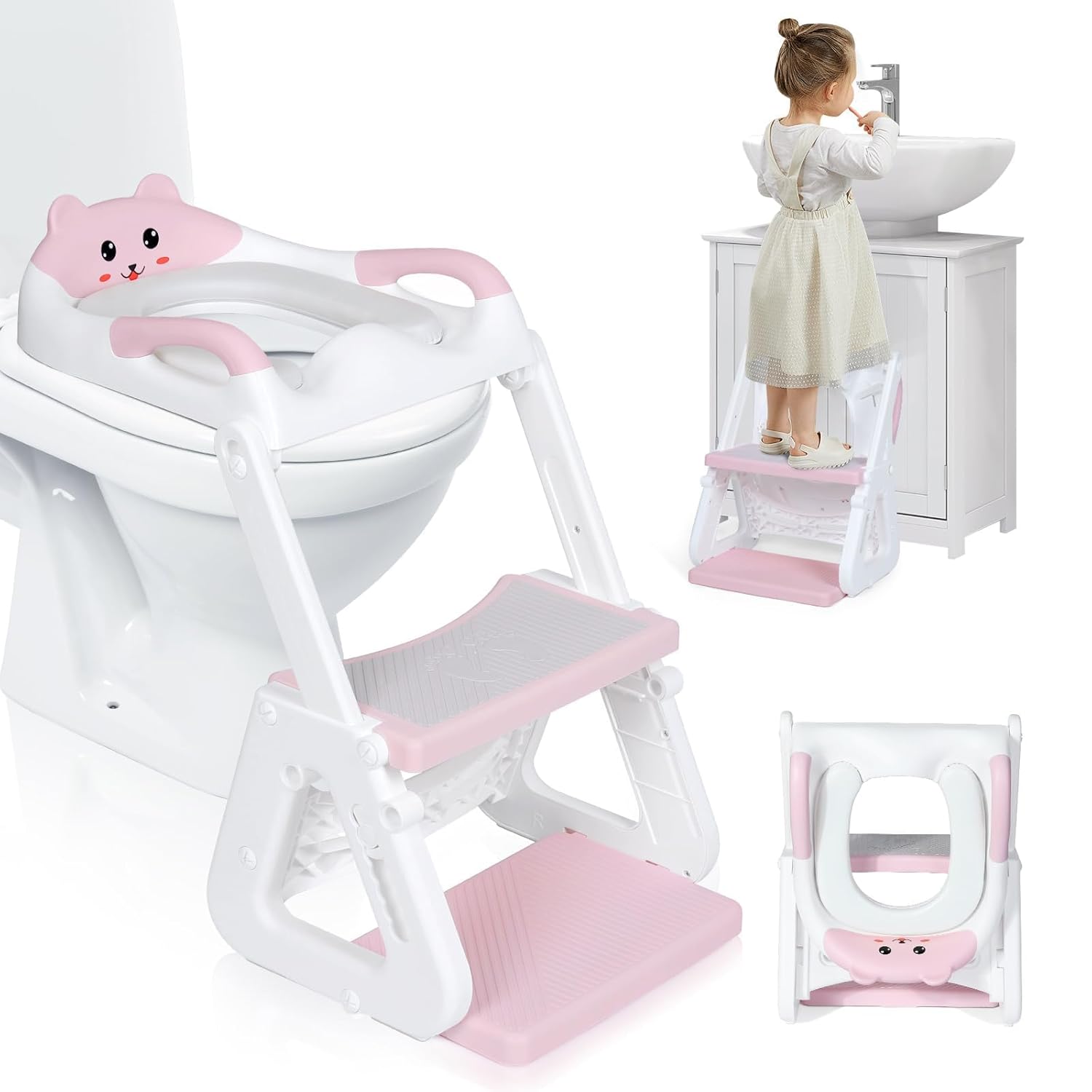 Orzbow Potty Training Seat, 2-IN-1 Toddler Potty Training Toilet with Step Stool, Stability Toilet Seat for Boys Girls with Splash Guard and Anti-Slip Pad, Adjustable Ladder & Potty Seat Height, Pink