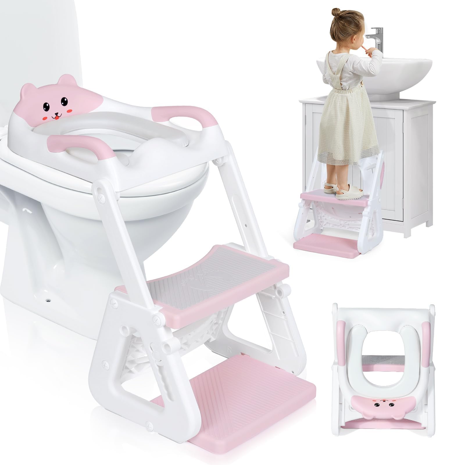 Orzbow - Asiento de entrenamiento para orinal 2 en 1 para niños pequeños con taburete, asiento de inodoro estable para niños y niñas con protección contra salpicaduras y almohadilla antideslizante, altura ajustable, color rosa