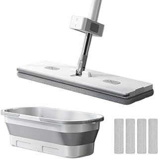 Mop and Bucket Set, 18" Wide 360° Swivel Joint Flat Mop with Wring, Foldable Cleaning Bucket and 4 Microfibre Cloths for Floor Cleaning, Wet & Dry Use