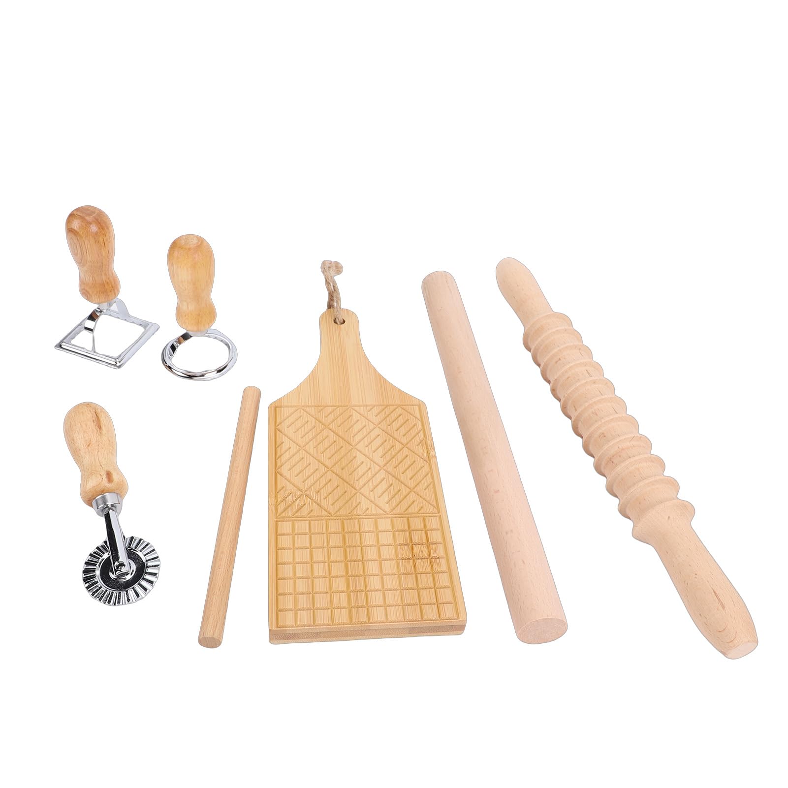 Qcwwy Macchina per Pasta Manuale 7 Pezzi Strumento per Macchina per Pasta Tagliere per Gnocchi in Legno Kit Completo per Fare la Timbro per Ravioli per Noodle e Gnocchi Mattarello per la Lavorazione