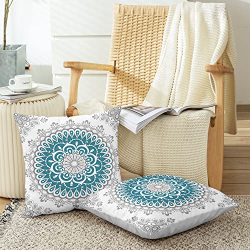 Calitime Throw Pillow Covers Pack Of 2 Cozy Fleece Dahlia Floral Medallion Compass Mandala Style Cushion Cases For Couch Bed Sofa Farmhouse Decoration 18 X 18 Inches Teal Grey #TOP3