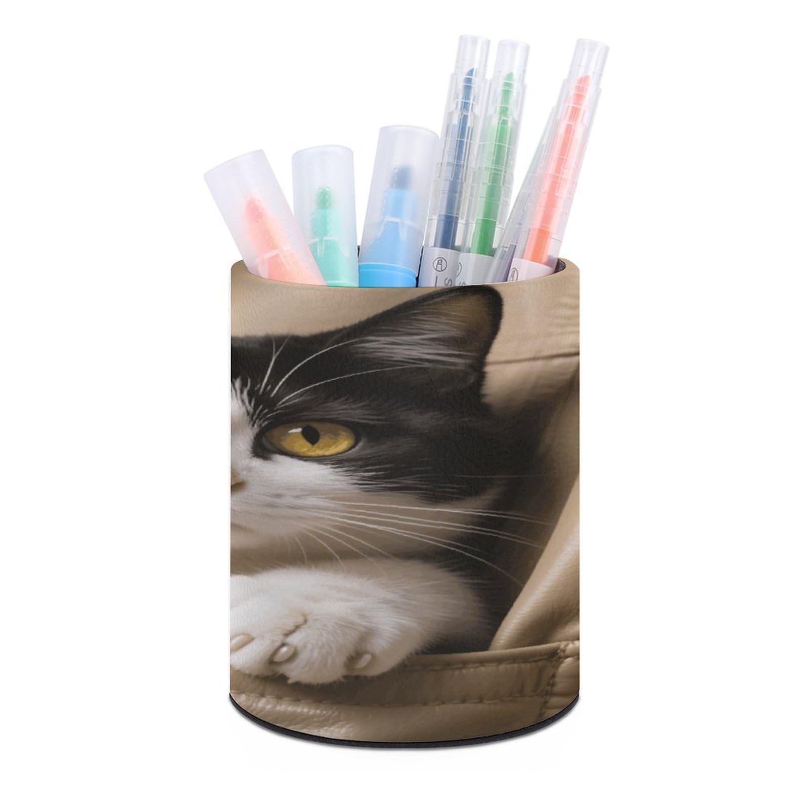 VstaDank - Pocket Pen Holder Kitten Round Pencil Holder PU Leather Desk Organizer Holder for Desk Decoration Desk Desk