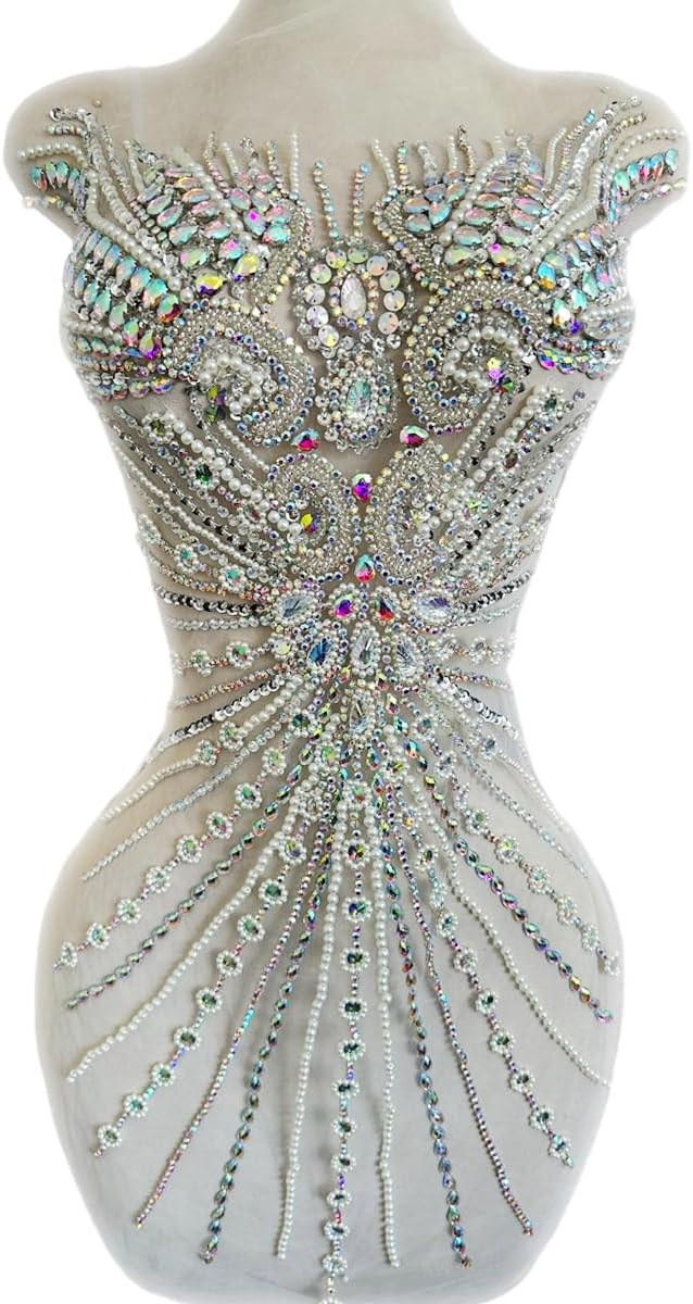 Handmade Rhinestone lace Large Bodice Applique Sewing Beads Stones Trim Patches for Dress Clothes Accessories 14.9X28.7inches (Champagne)