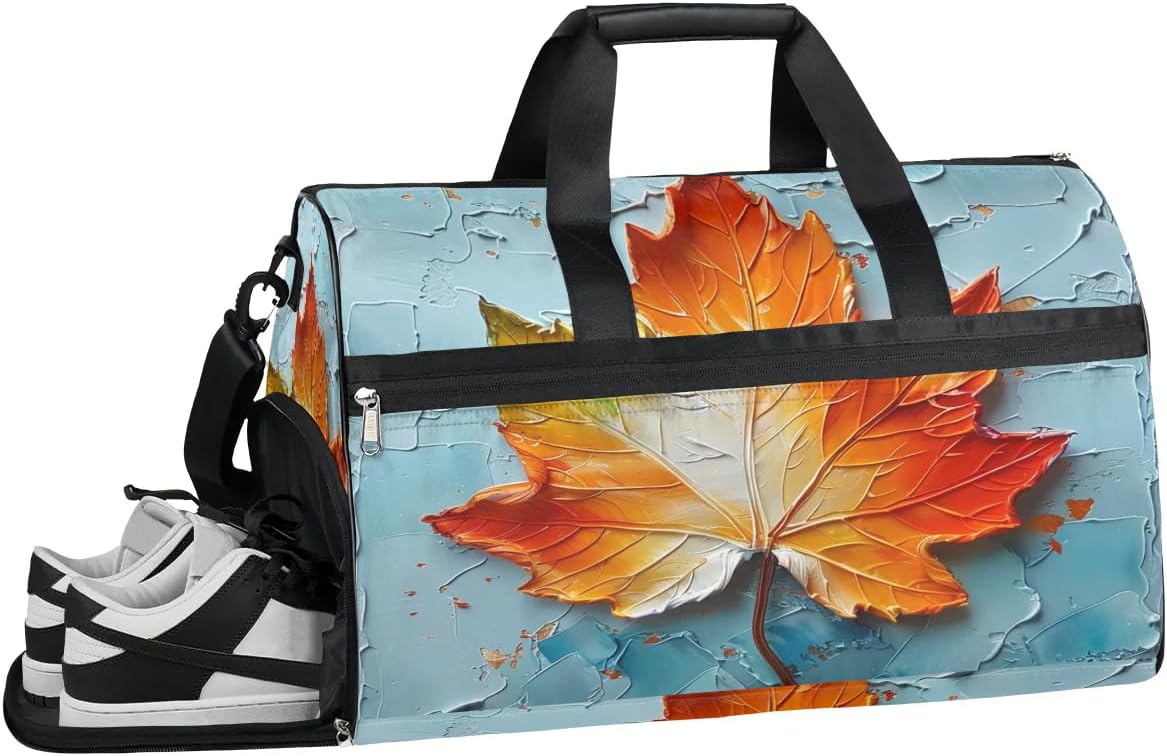 Maple Leaf Decor Theme Gym Bag for Women Duffle with Shoes Compartment Men Weekender Duffel Bags for Travel Sports Swimming Overnight Dance