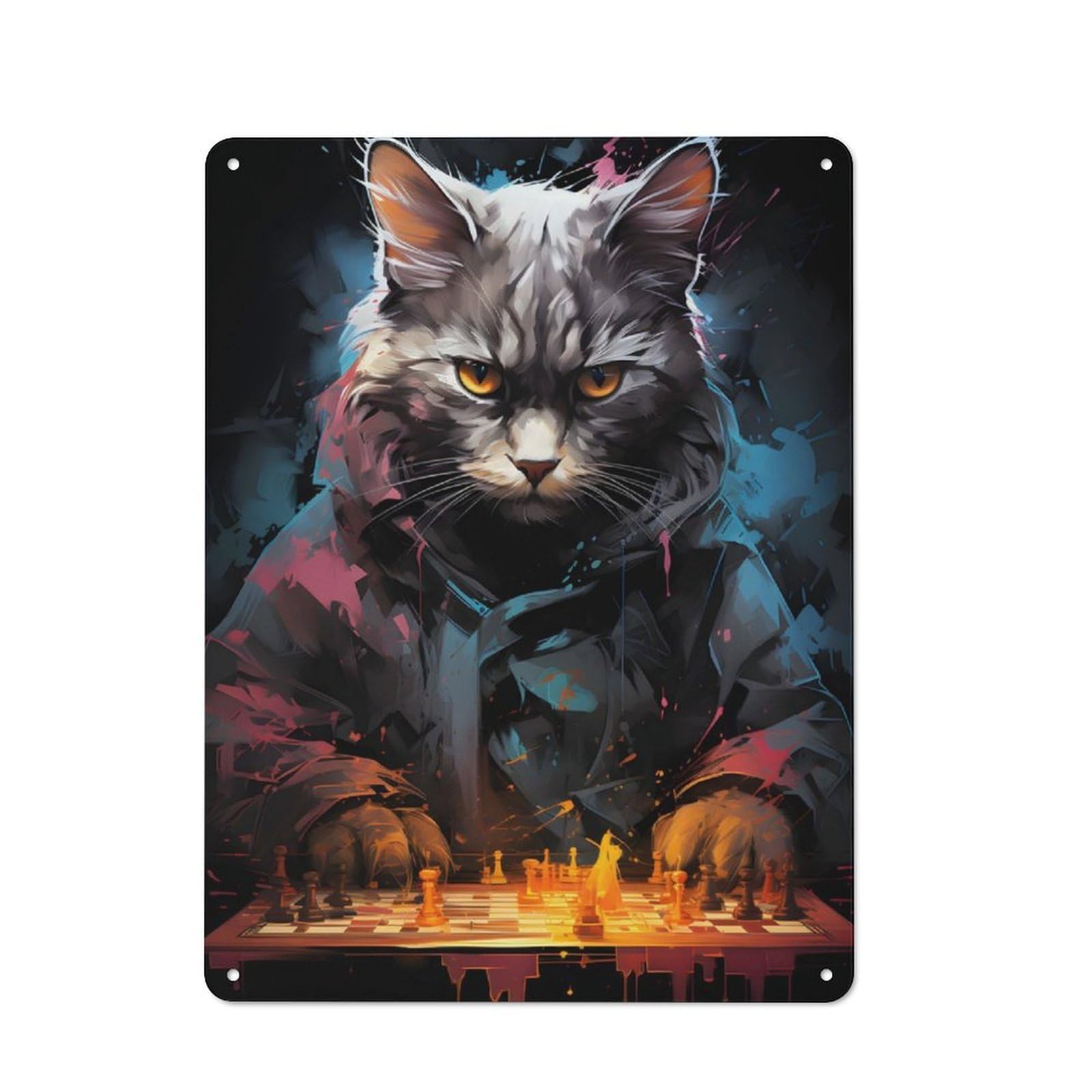 Junmoney Strategic Cat Chess Master Tin Wall Plaque 40X30cm With For Studio Or Craft Room, Suited To Craft Room Decorators