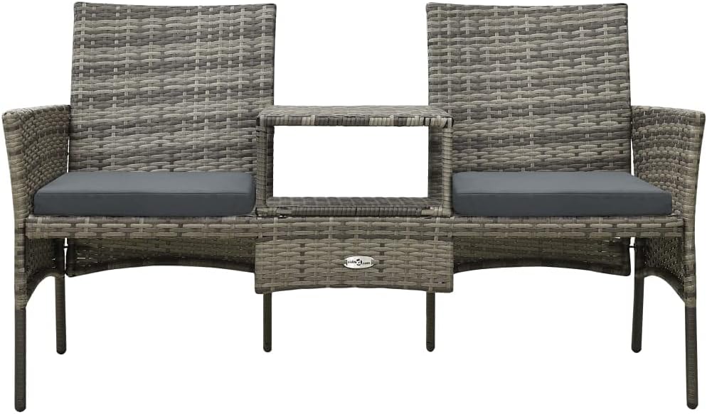 2-Seater Garden Sofa with Tea Table and Stools, Patio Conversation Set with Removable Cushions, Poly Rattan, 59.8" x 24.4" x 33.5"