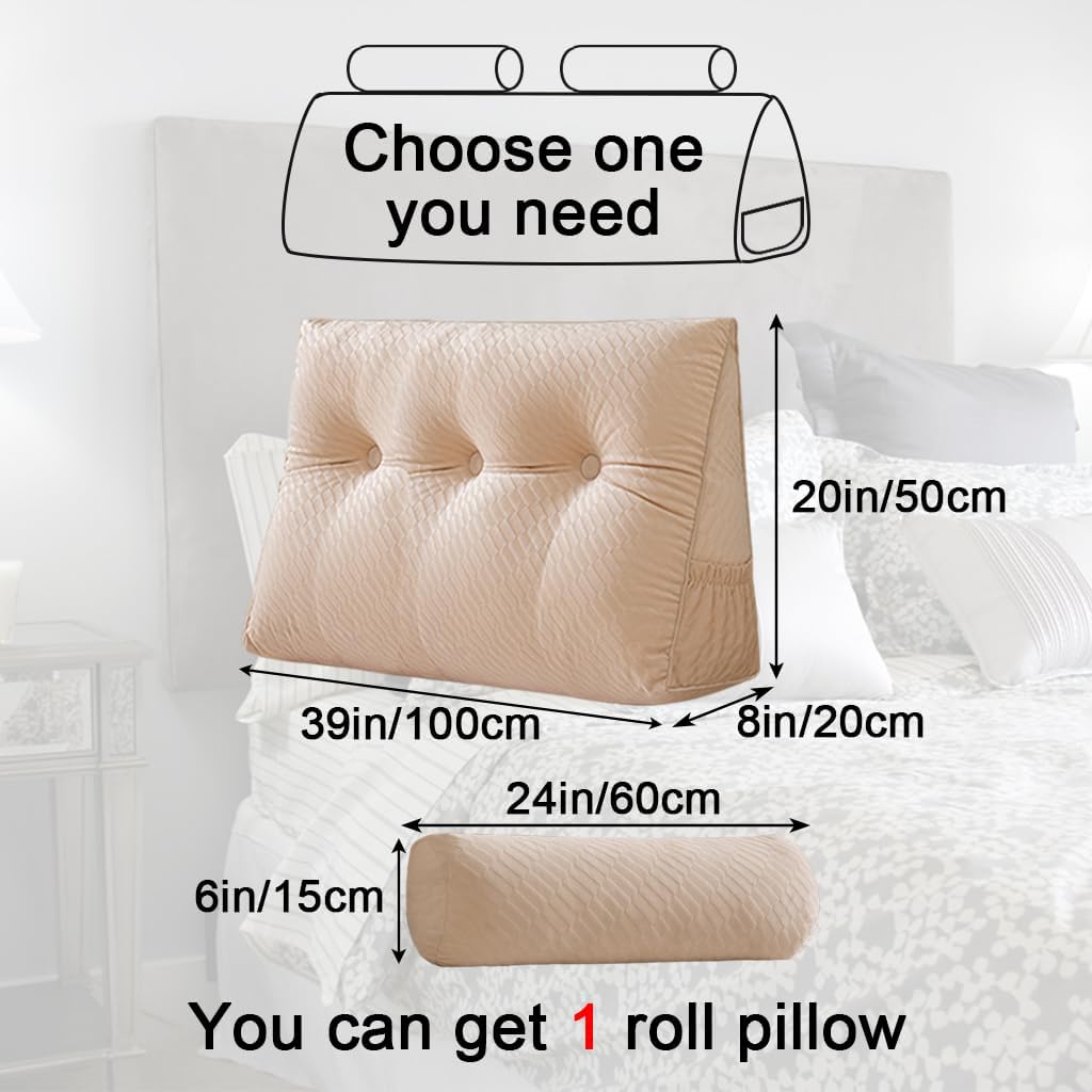 Velvet Triangular Headboard Wedge Pillow With Roll Pillow,Removable Cover Headboard Pillow Daybed Bunk Bed,Backrest Positioning Support Pillow Resting Reading Relaxing (Beige, Twin(39 * 20 * 8in))