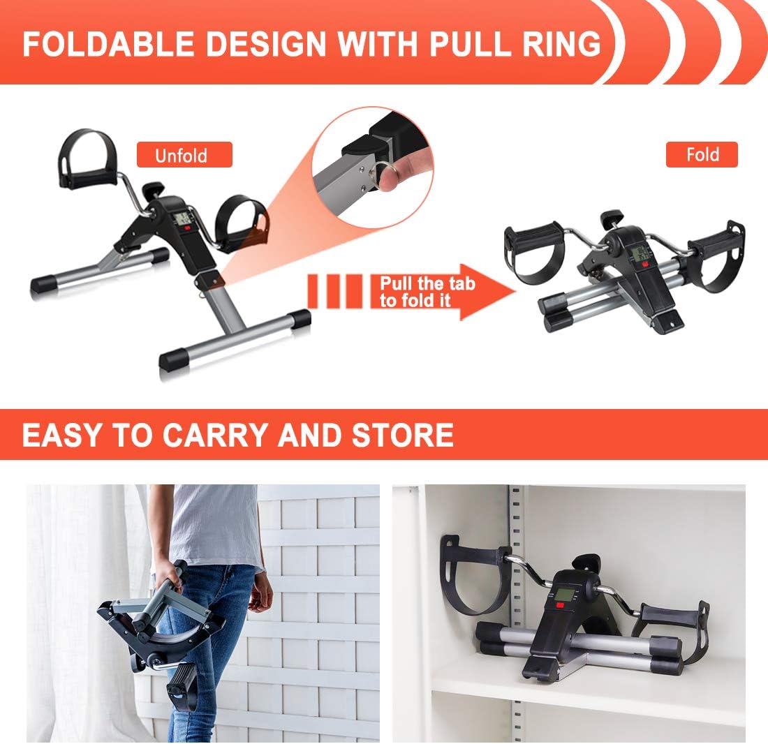 Folding Pedal Exerciser, CNTLIFE Portable Stationary Mini Exercise Bike Leg Arm Trainer for Elderly Men Women, Adjustable Resistance Pedal Exerciser with Electronic Display