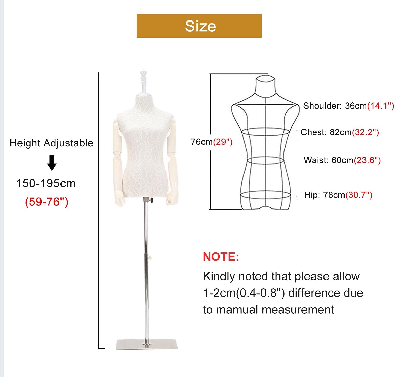 Kobieca sukienka w formie manekinów Stojak z drewnianymi ramionami i koronkową tkaniną, model dla dorosłych z regulacją wysokości do ekspozycji odzieży(White,Medium)