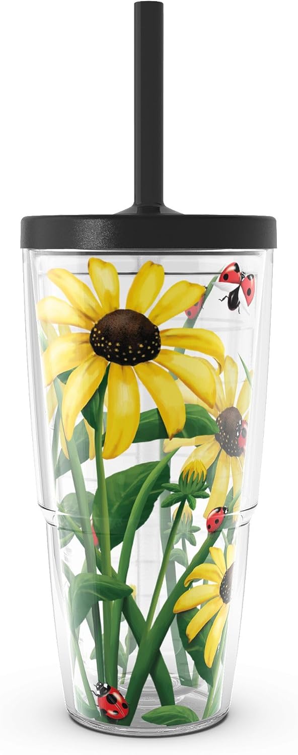 Tervis Black-Eyed Susan Made in USA Double Walled Insulated Tumbler Travel Cup Keeps Drinks Cold & Hot, 24oz with Straw Lid, Classic