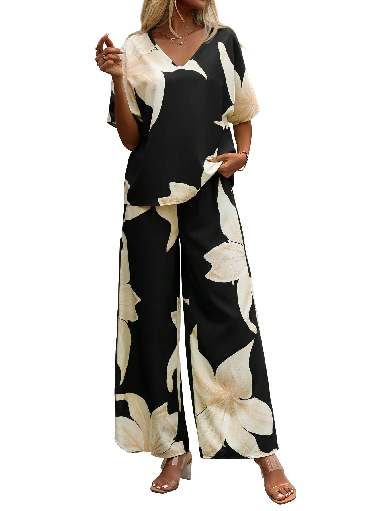 shasmi Women's Casual Elegant Black Floral Printed Batwing V-Neck Blouse, Sleeve Shirt, Wide Long Pants for Ladies 2pcs/Set, Spring Outfits For Women (Co-Ods 189)-picture-54