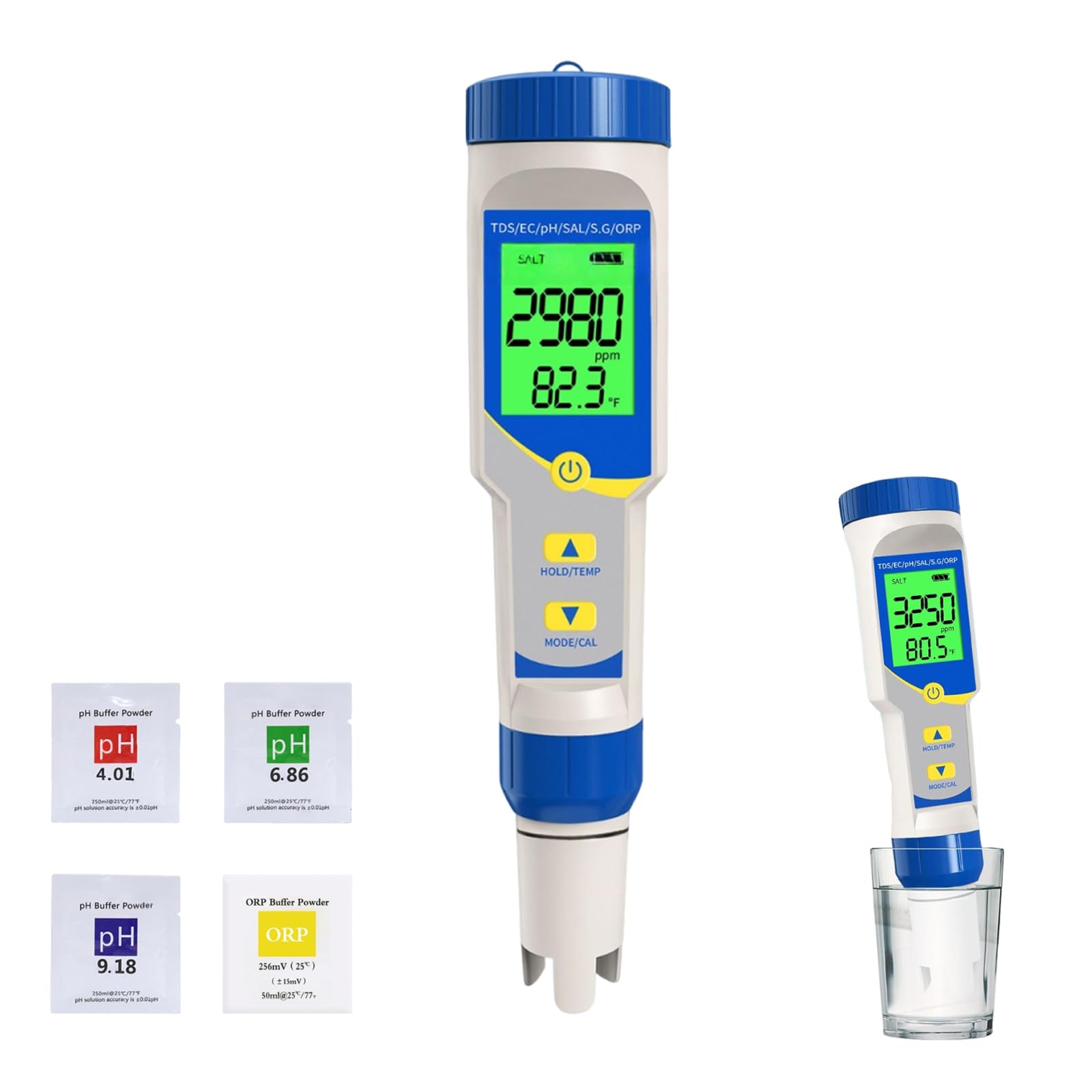 Probador de sal para piscinas, kit de prueba de salinidad digital de alta precisión con medidor de sal ORP de pH, medidor de cloro y termómetro de lectura para piscinas de agua salada Spa