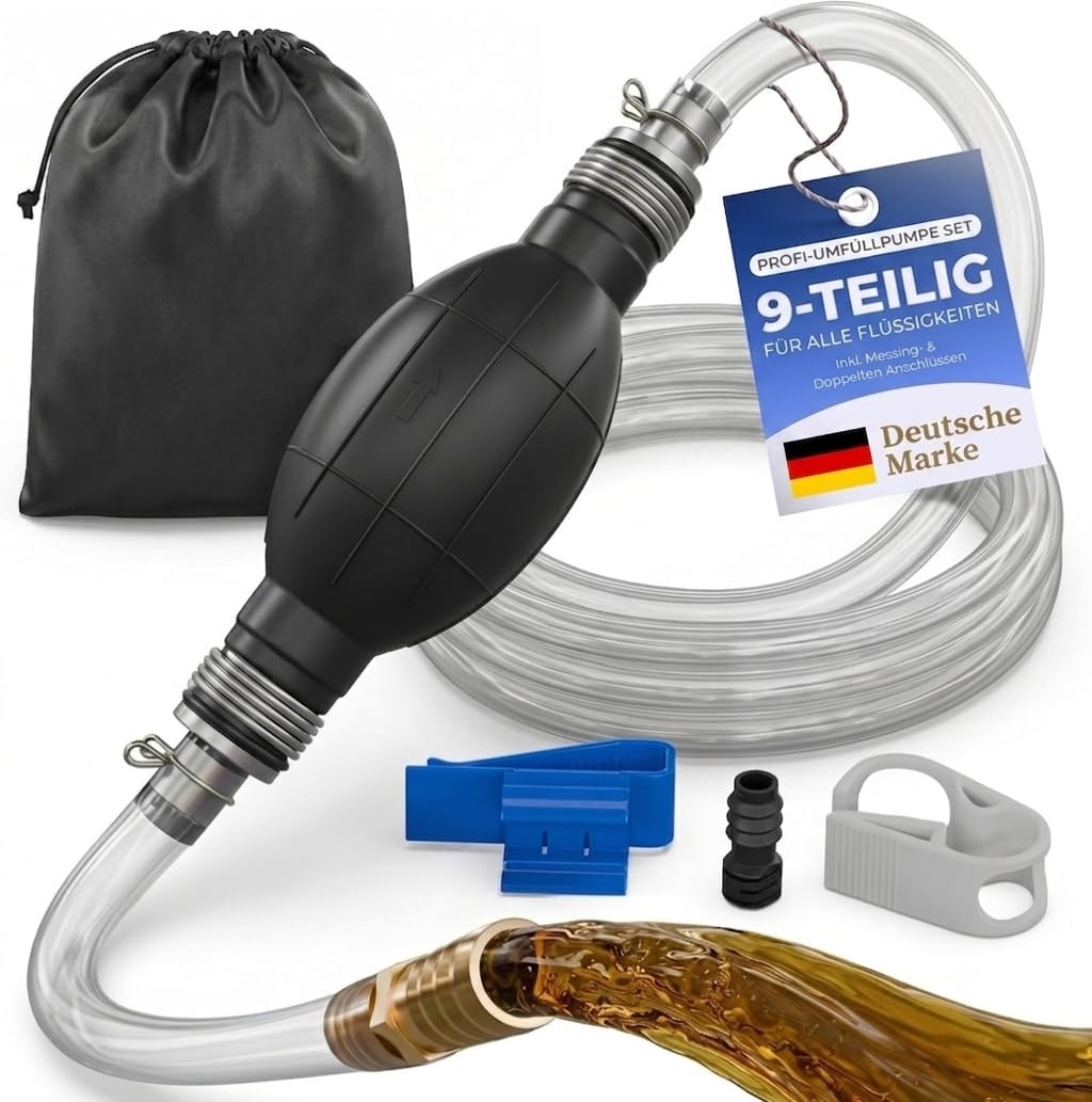 XL Handpumpe Umfüllpumpe 2 Meter Schlauch – Tragbare Ölabsaugpumpe & Kraftstoffpumpe mit Flüssigkeitsregler & Stöpsel – Schlauchpumpe für Wasser Benzin Diesel Öl – Inkl. Aufbewahrungstasche