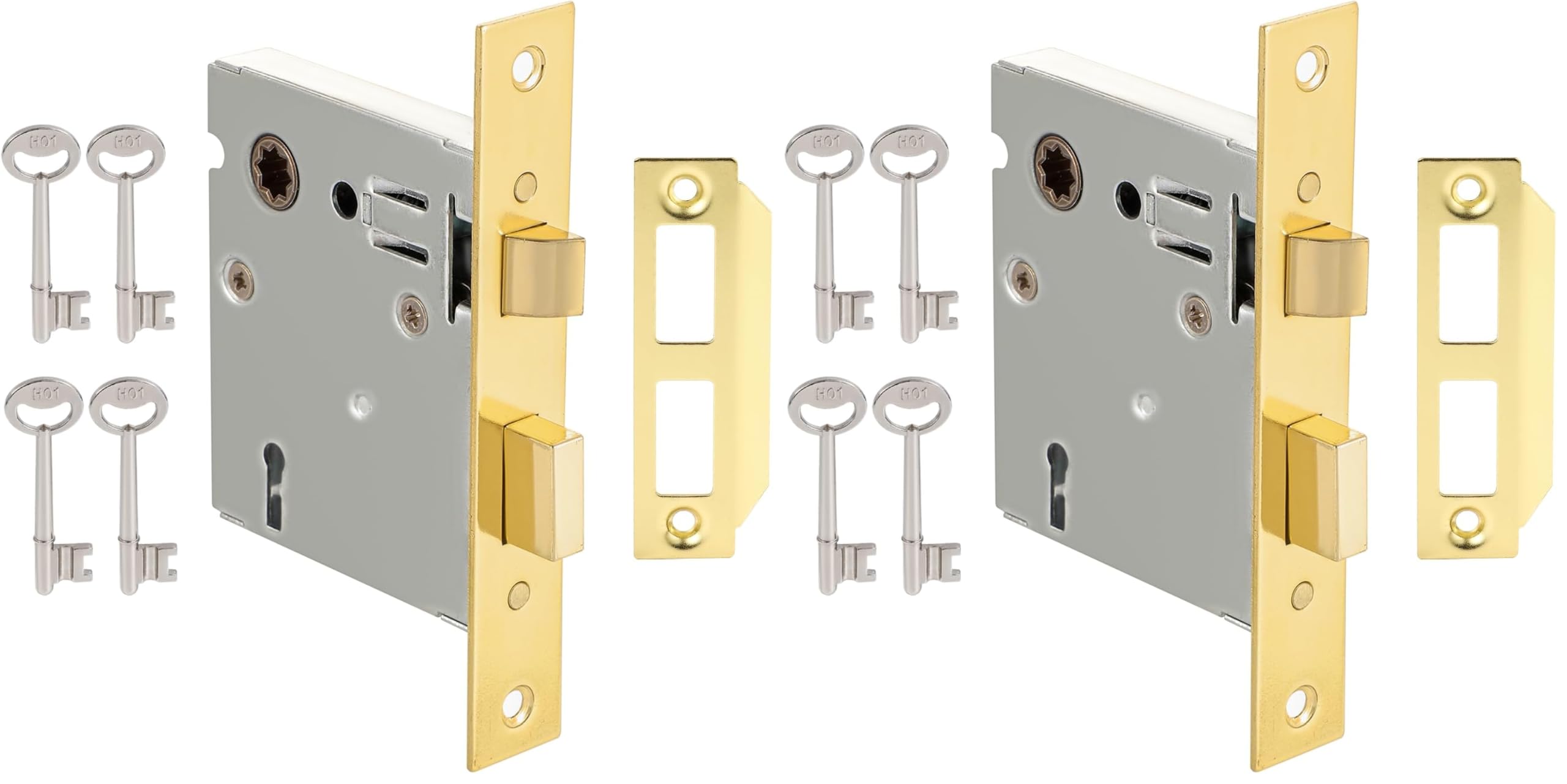 Mortise Lock Set Interior Door, Old Door Lock Replacement Parts, Antique Vintage Door Lock Hardware, Skeleton Keys and Reversible Latch, Mortise Lock Kit, Polished Brass Finish (Pack of 2)