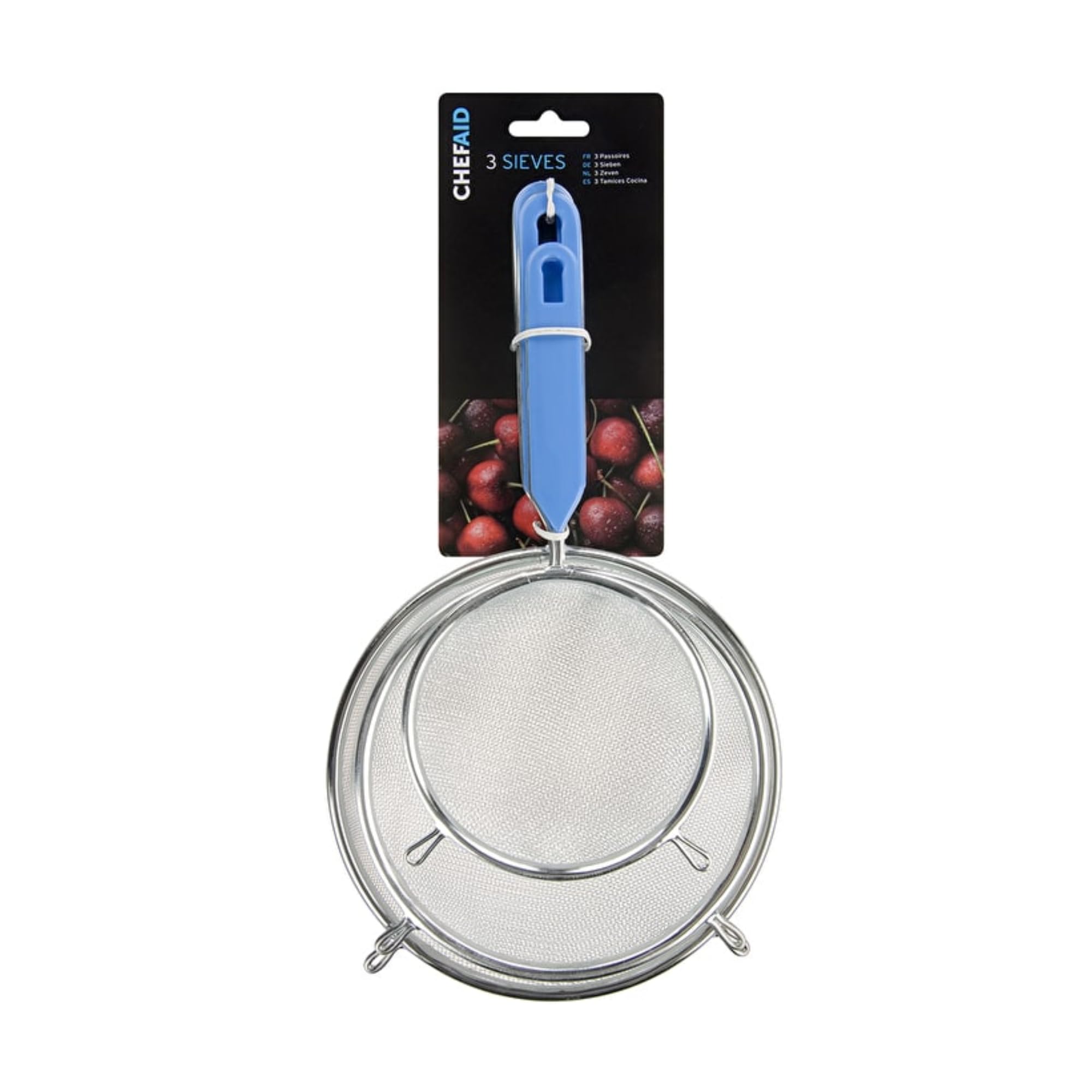 Chef Aid Chrome Plated Strainers, 3 Piece Set, Silver, 24.5cm, 30cm, 32cm, Durable Fine Mesh Sieve Set for Sifting, Straining & Draining, Handwash Recommended