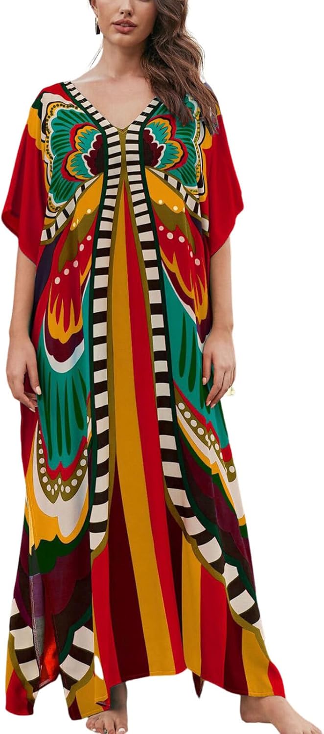 IMAGEKOPE Women's Plus Size Loose Fit Moroccan Print V-Neck Batwing Kaftan Beach Dress Bathing Suit Cover Up