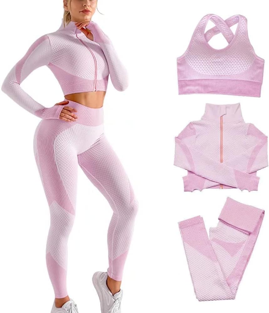 Tracksuit For Women,3pcs Outfits Workout Joggers Yoga Gym Sportswear Leggings And Stretch Sports Bra Jumpsuits Clothes Sets