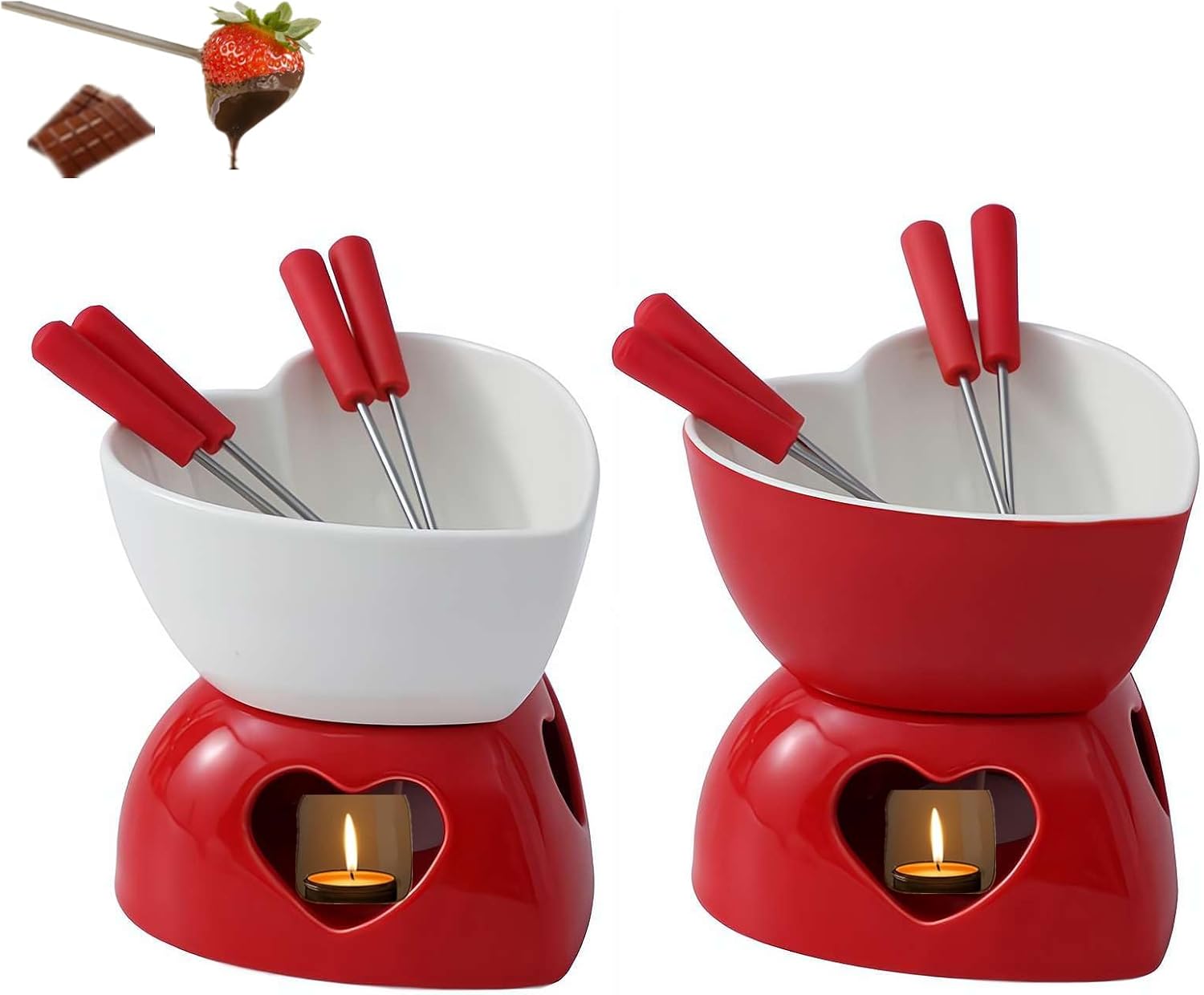 Red Ceramic Butter Warmer with Forks, Fondue Mug Set, Heart Shaped Fondue Pot Melting Pot Set, Chocolate Melting Mug Mini FondueSet, Melt HotPot Bowl Sets for Cheese Chocolate Butter Caramel