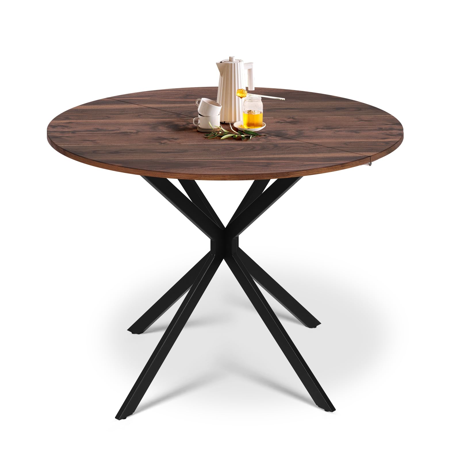 Luxstein Extendable Dining Table, 100cm Round Wood Grain Folding Table with Metal Legs for Dining Room, Kitchen, Small Space — image 1