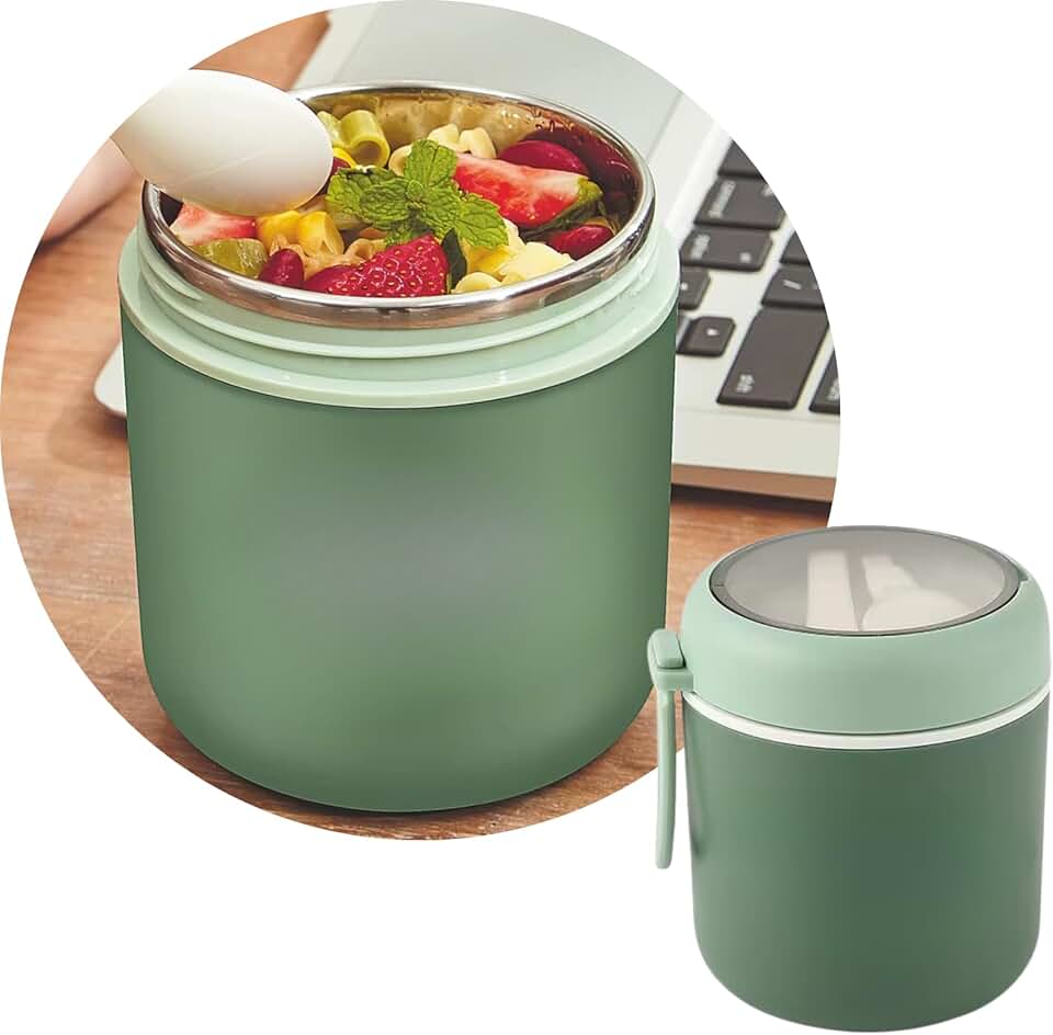 Pote Térmico Infantil, Marmita Térmica de Inox com Colher e Tampa Antivazamento, Conserva Quente e Frio, Capacidade de 530ml, Ideal para Alimentos, Papinhas, Sopas ou Frutas (Verde)