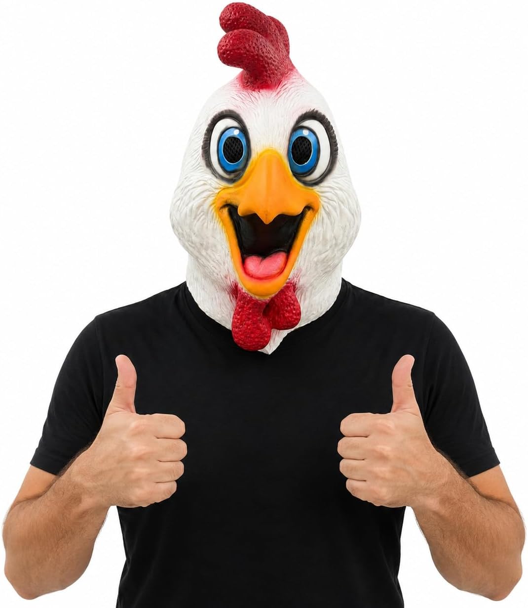 Funny Cartoon Chicken Latex Full Head Mask with Big Blue Eyes and Open Beak for Halloween Cosplay Party Adult Costume