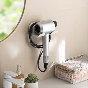 Hair Dryer Holder, Wall Mounted Blow Dryer Organizer, No Drilling Hairdryer Station with Plug & Cord Organizer for Bedroom BathroomWhite, Basic Version